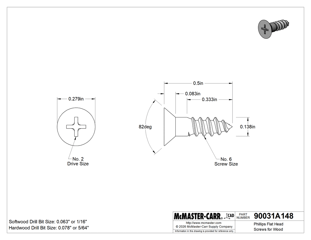 Technical Drawing of Phillips Flat Head Screws for Wood, Zinc-Plated Steel, Number 6 Size, 1/2" Long.